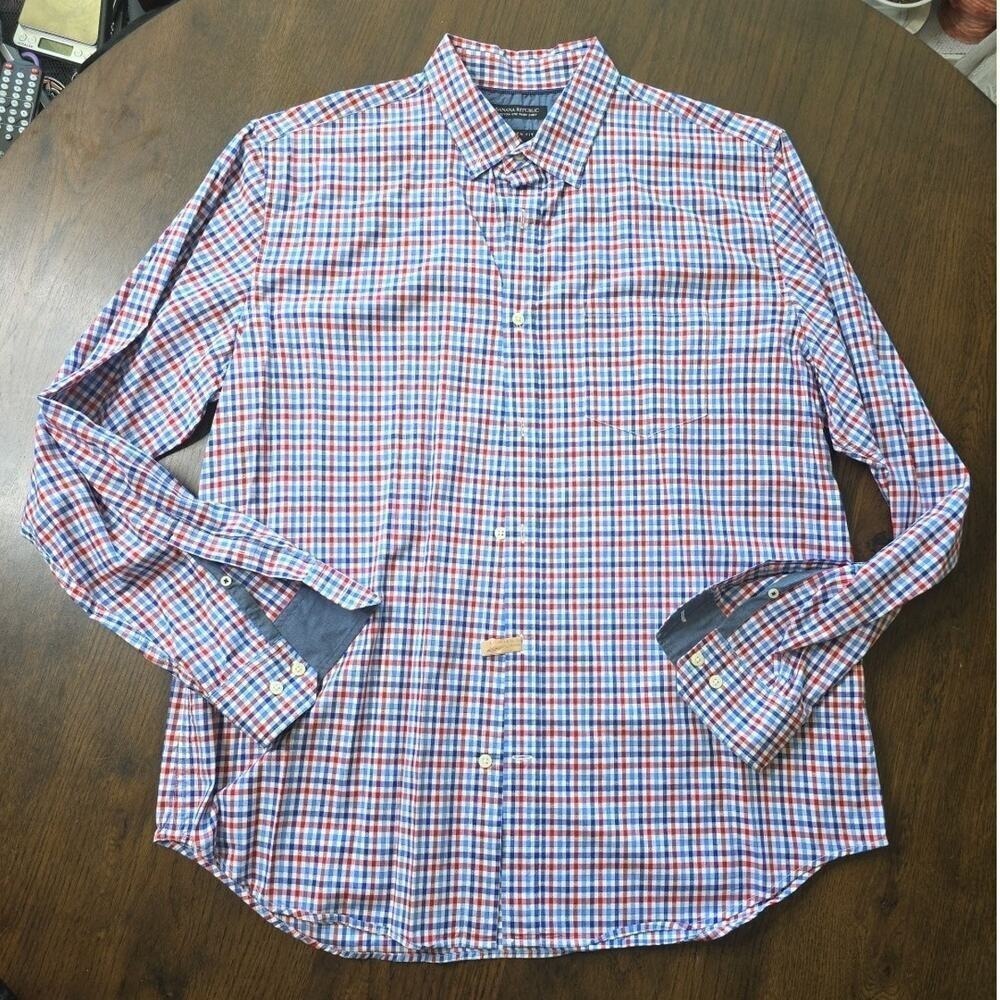 Banana Republic 100% Linen Check‎ Button Down Shirt Mens XL Camden Fit